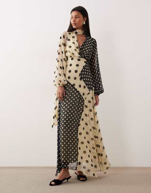 ASOS DESIGN - Robe longue à pois avec col bénitier et détail foulard - Multicolore, 1 de 4
