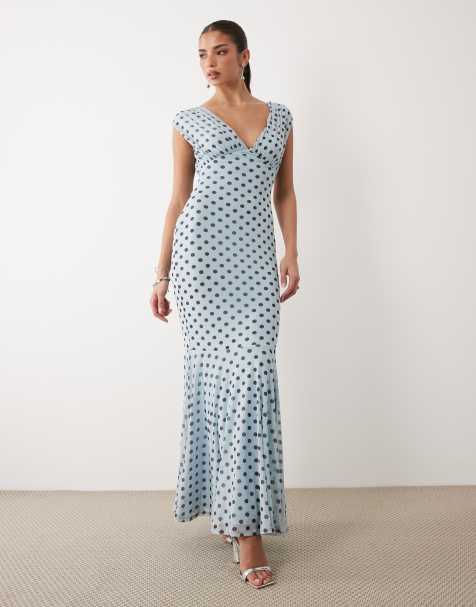 ASOS DESIGN - Robe longue à pois avec col V et ourlet plongeant - Bleu - view 1