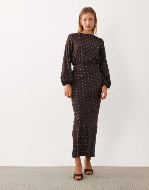 ASOS DESIGN - Robe longue à pois avec manches blouson longues - Chocolat et bleu, 3 de 4