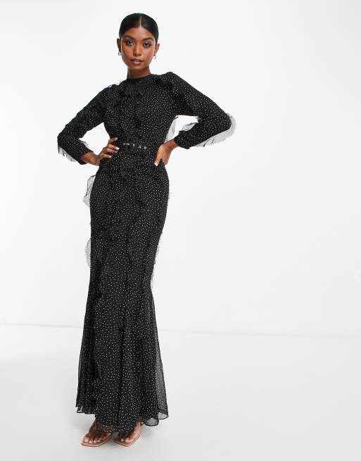 ASOS DESIGN - Robe longue à pois avec manches longues et volants - Pois monochromes sur base noire, 2 de 4
