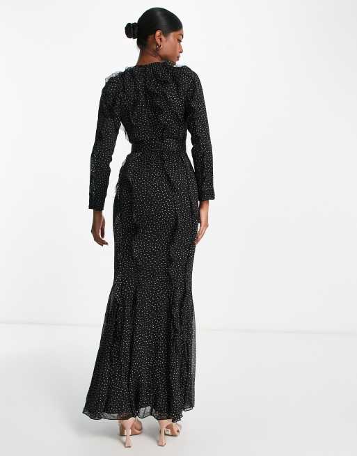 ASOS DESIGN - Robe longue à pois avec manches longues et volants - Pois monochromes sur base noire, 4 de 4