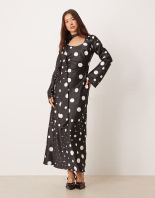 Robe longue à pois avec manches longues, foulard et col en V - Noir-Multicolore 38