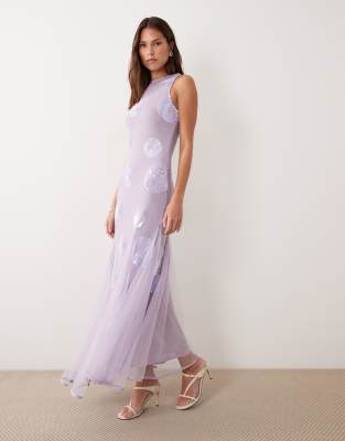 Robe longue à pois ornée de sequins - Lilas-rose 42