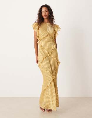 Robe longue à rayures et volants - Jaune-Multicolore 46