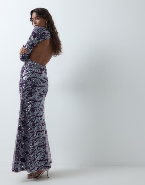 ASOS DESIGN robe longue à sequins à manches longues avec épaulettes en violet électrique - view 1
