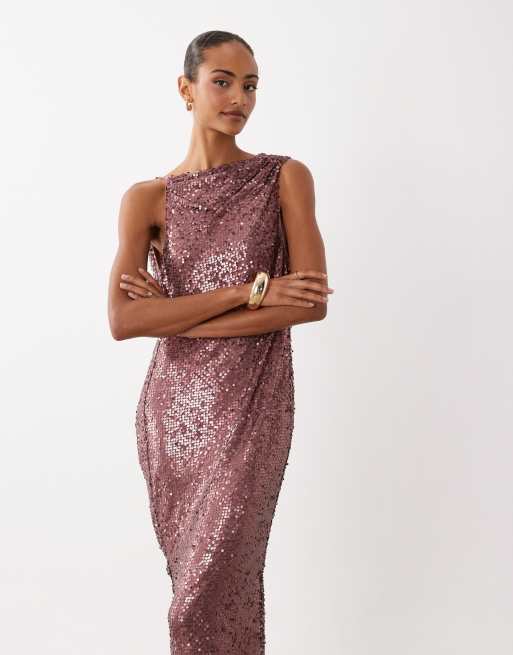 ASOS DESIGN - Robe longue à sequins avec bretelles asymétriques et dos bénitier ouvert - Mauve mat, 3 de 4