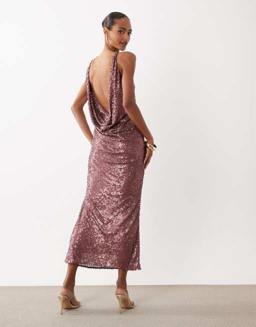 ASOS DESIGN - Robe longue à sequins avec bretelles asymétriques et dos bénitier ouvert - Mauve mat, 4 de 4