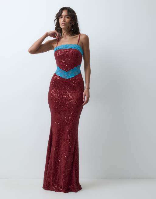 ASOS DESIGN robe longue à sequins avec empiècements en dentelle contrastante, bordeaux, 2 de 5