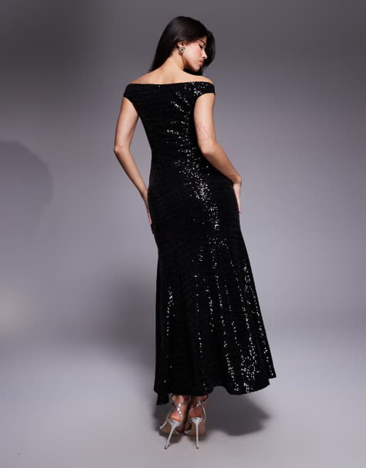 ASOS DESIGN - Robe longue à sequins avec encolure bardot - Noir, 4 de 4