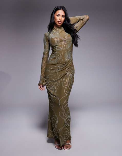 ASOS DESIGN - Robe longue à strass thermocollés avec manches longues et jupe froncée - Vert olive foncé - view 1