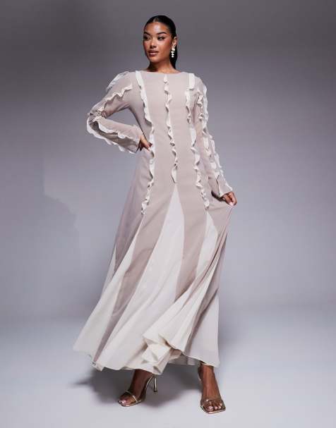 ASOS DESIGN - Robe longue à surpiqûres volantées et ourlet à basque - Taupe et crème color block - view 1