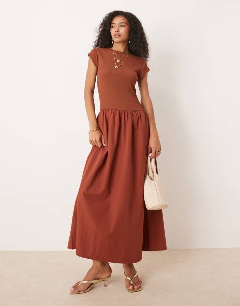 ASOS DESIGN - Robe longue à taille basse en popeline et tissu texturé - Rouille - view 1