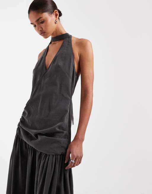 ASOS DESIGN - Robe longue à taille basse et dos nu avec détail foulard - Anthracite, 2 de 4