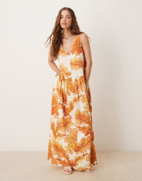 ASOS DESIGN - Robe longue à taille basse et dos nu en voile imprimé - Orange - view 1