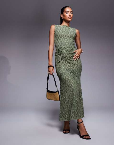 ASOS DESIGN - Robe longue à taille froncée avec détail en dentelle - Vert - view 1