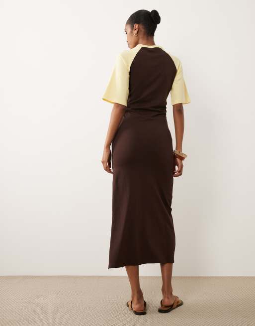 ASOS DESIGN - Robe longue à taille froncée et manches courtes contrastantes - Chocolat et beurre , 3 de 4