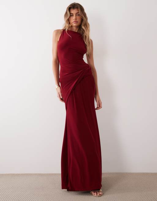 ASOS DESIGN robe longue à taille froncée près du corps couleur bordeaux, 1 de 4