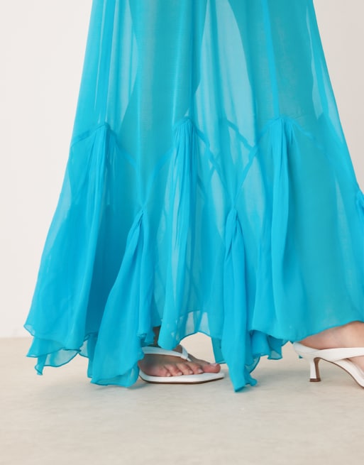ASOS DESIGN - Robe longue à taille tombante avec jupe à godets - Bleu turquoise, 3 de 4