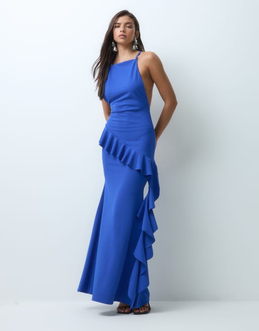 ASOS DESIGN robe longue à volants à col halter en bleu cobalt, 2 de 5