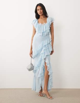 Robe longue à volants avec bordure en dentelle - Bleu cendré 36