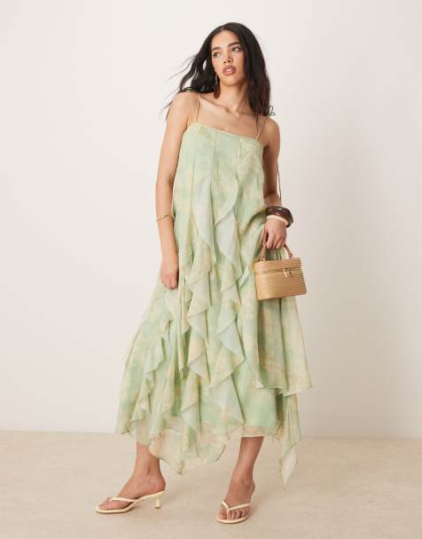 ASOS DESIGN - Robe longue à volants avec bretelles nouées - Vert sauge à imprimé fleurs - view 1