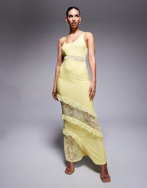 ASOS DESIGN - Robe longue à volants avec empiècements en dentelle et fines bretelles - Jaune pastel - view 1