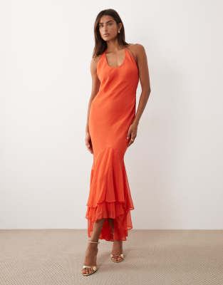 Robe longue à volants avec ourlet sirène et bretelles fines - Rouge 46