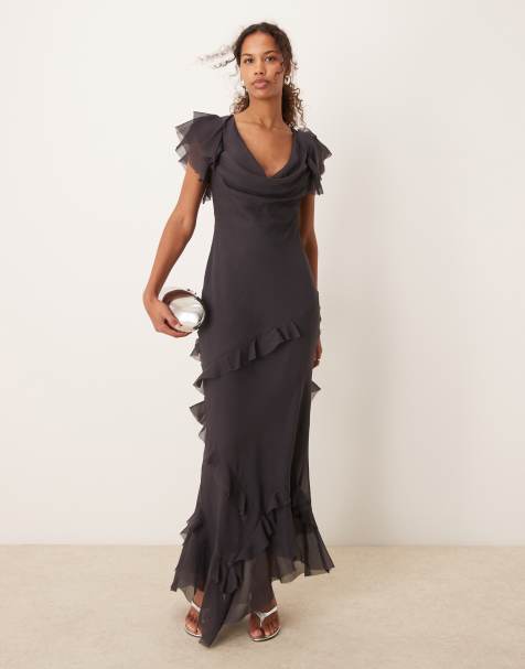 ASOS DESIGN - Robe longue à volants, col bénitier et manches volantées - Anthracite - view 1