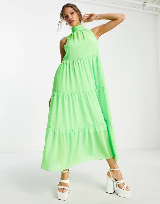 ASOS DESIGN Robe longue volants et col montant Vert fluo