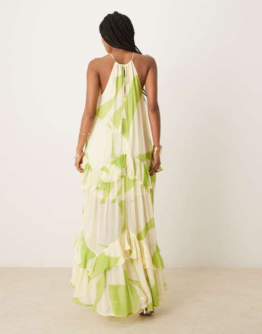 ASOS DESIGN - Robe longue à volants et dos nu - Vert abstrait, 4 de 4