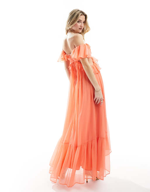 ASOS DESIGN - Robe longue à volants et épaules dénudées avec découpe - Corail, 3 de 4