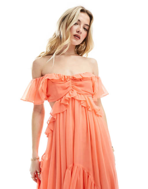 ASOS DESIGN Robe longue a volants et epaules denudees avec decoupe Corail