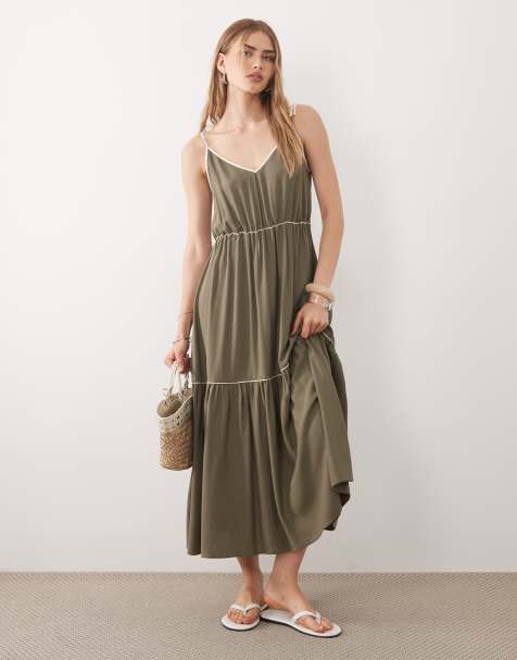ASOS DESIGN - Robe longue à volants étagés et liserés avec détails noués - Vert sauge - view 1