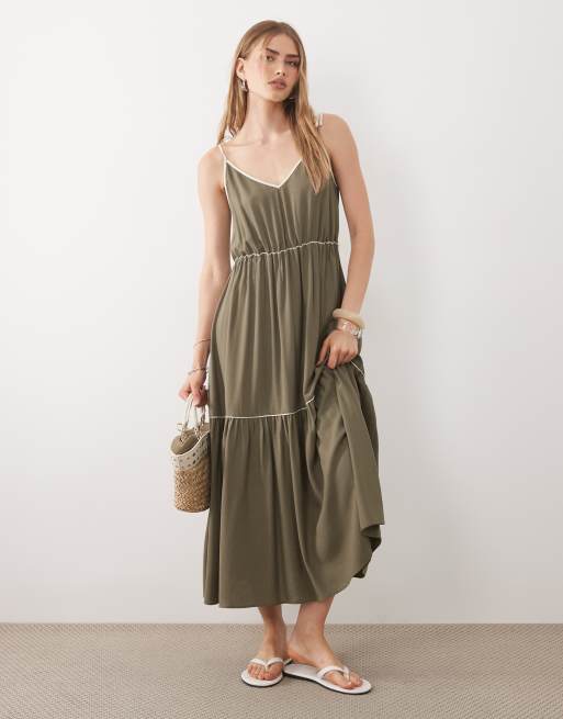 ASOS DESIGN - Robe longue à volants étagés et liserés avec détails noués - Vert sauge , 1 de 4