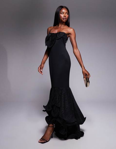 ASOS DESIGN - Robe longue à volants plissés en imitation néoprène de qualité supérieure - Noir - view 1