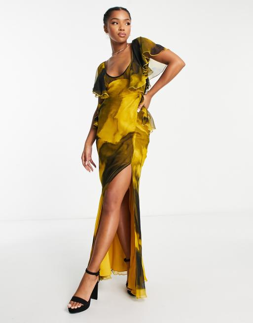 ASOS DESIGN Robe longue a volants superposes et dos ouvert avec imprime abstrait Noir et jaune ASOS