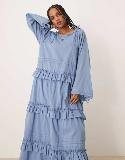 ASOS DESIGN - Robe longue à volants superposés et liens - Bleu fumée, 3 de 4