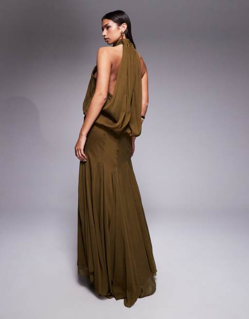 ASOS DESIGN - Robe longue ample à encolure américaine et taille basse à godets - Kaki, 3 de 5
