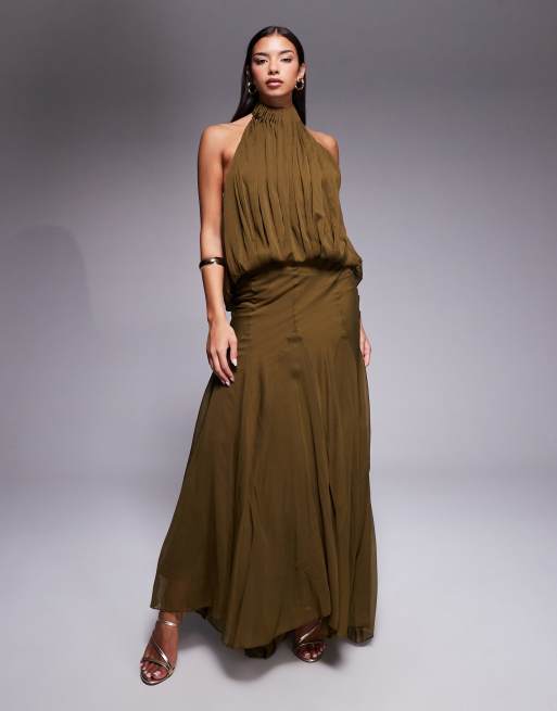 ASOS DESIGN - Robe longue ample à encolure américaine et taille basse à godets - Kaki, 5 de 5