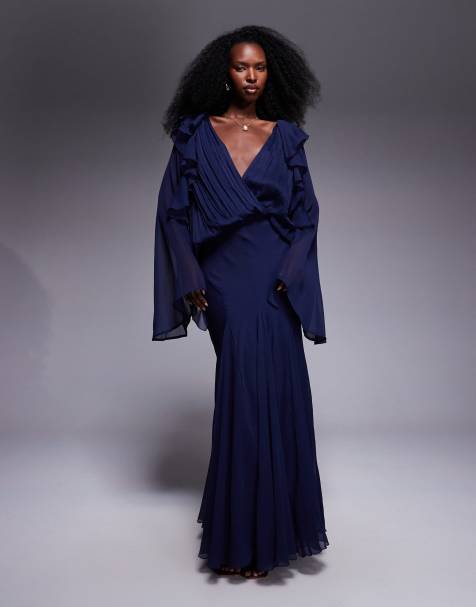 ASOS DESIGN - Robe longue ample à volants sur les hanches et godets - Bleu marine - view 1