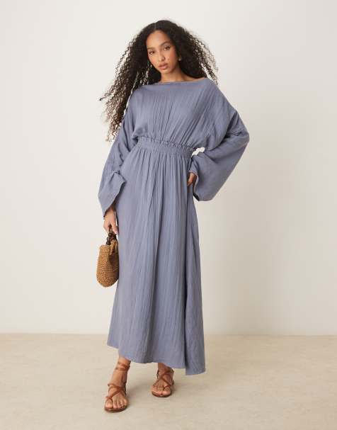 ASOS DESIGN - Robe longue ample en tissu double à taille froncée et manches larges - Bleu fumé - view 1