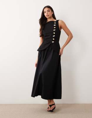 Robe longue aspect lin coupe gilet de tailleur avec jupe en popeline - Noir 32