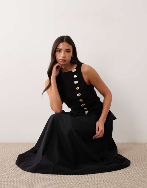 ASOS DESIGN - Robe longue aspect lin coupe gilet de tailleur avec jupe en popeline - Noir, 2 de 4