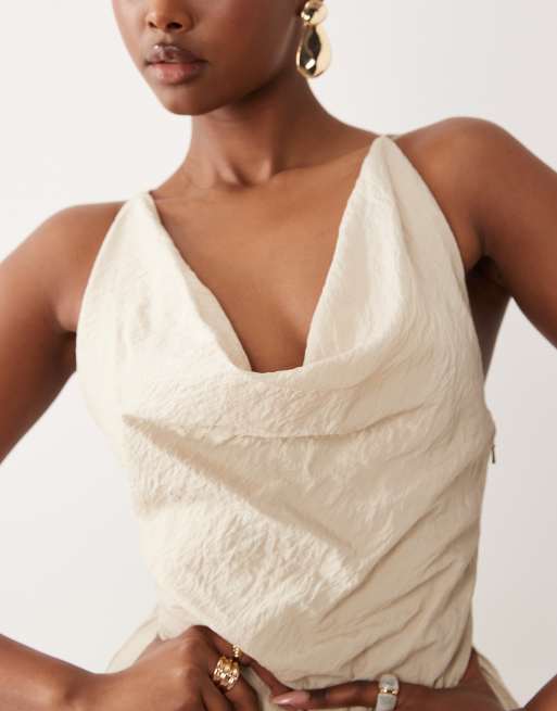 ASOS DESIGN - Robe longue asymétrique à col bénitier profond et dos ouvert - Taupe, 3 de 4