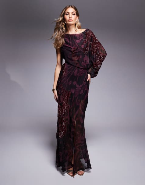 ASOS DESIGN - Robe longue asymétrique à imprimé abstrait et ornements - Bordeaux - view 1