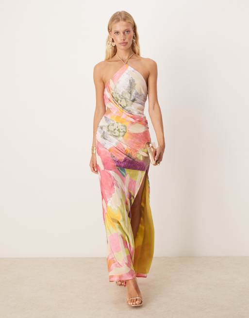 ASOS DESIGN - Robe longue asymétrique à imprimé fleurs en tissu dévoré à ornements, 2 de 4