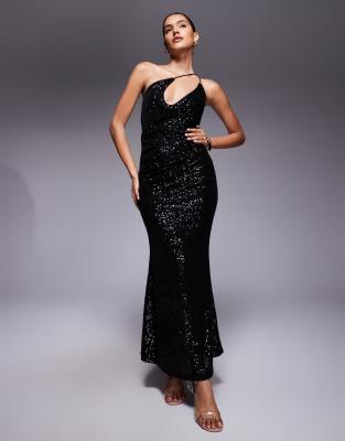 Robe longue asymétrique à sequins avec bretelles et col bénitier - Noir 40