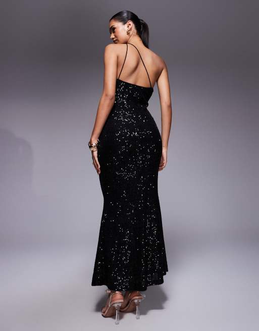 ASOS DESIGN - Robe longue asymétrique à sequins avec bretelles et col bénitier - Noir, 2 de 4