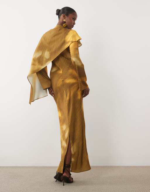 ASOS DESIGN - Robe longue asymétrique avec cape, taille froncée et imprimé fleuri flou - Ocre et marron, 3 de 4