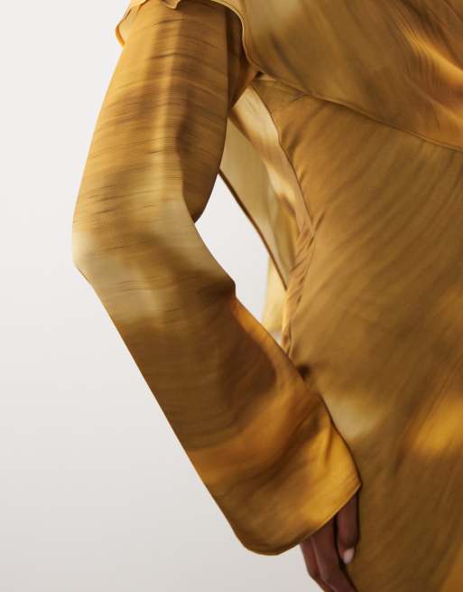 ASOS DESIGN - Robe longue asymétrique avec cape, taille froncée et imprimé fleuri flou - Ocre et marron, 4 de 4